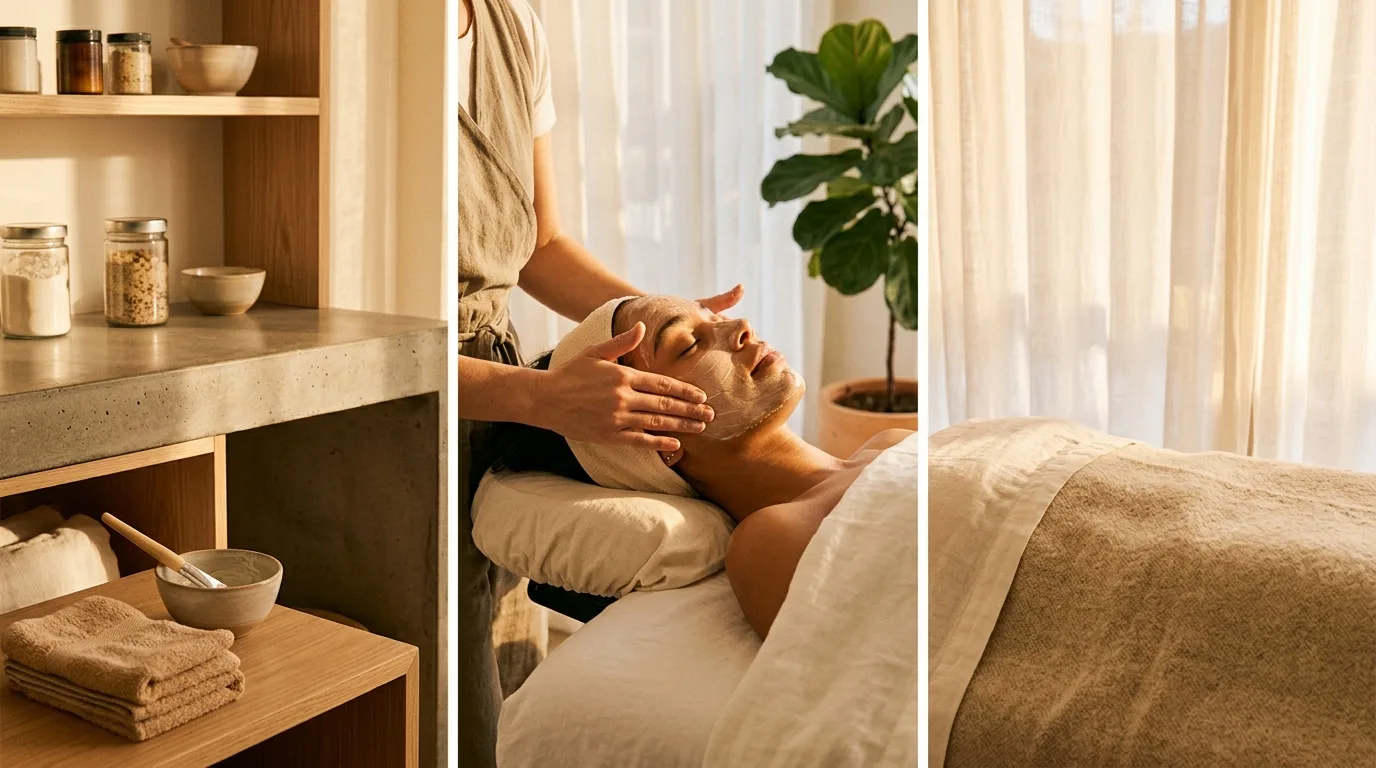 Golden late-afternoon sunlight streaming through sheer curtains into a clean, minimalist spa treatment room, warm amber glow on white linen and polished surfaces, peaceful and inviting atmosphere
