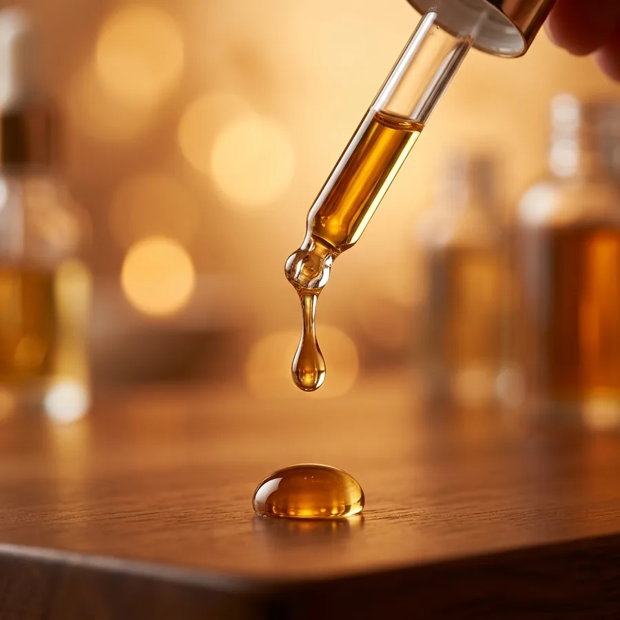 Macro close-up of a glass dropper dispensing a golden serum onto a flat surface, warm amber backlight, bokeh drops, luxe product texture