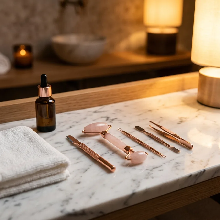Detail of clean white marble countertop in a spa treatment room with small rose-gold aesthetic tools arranged neatly, warm ambient lamp light from the side