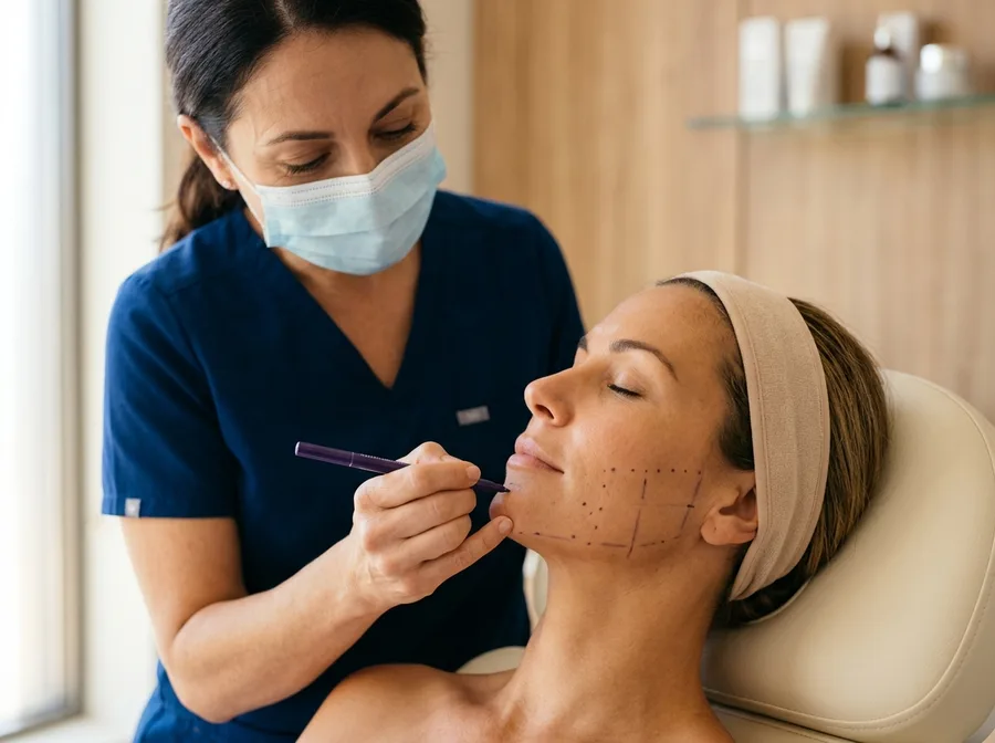 Close view of a practitioner marking a client
