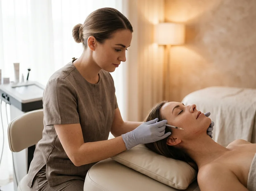 Aesthetic practitioner holding a fine syringe near a client