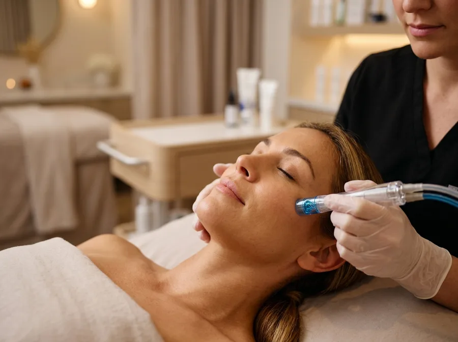 HydraFacial wand tip gliding across a client