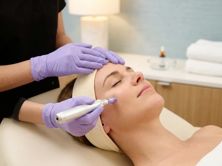 Close overhead view of a microneedling device being moved across a client