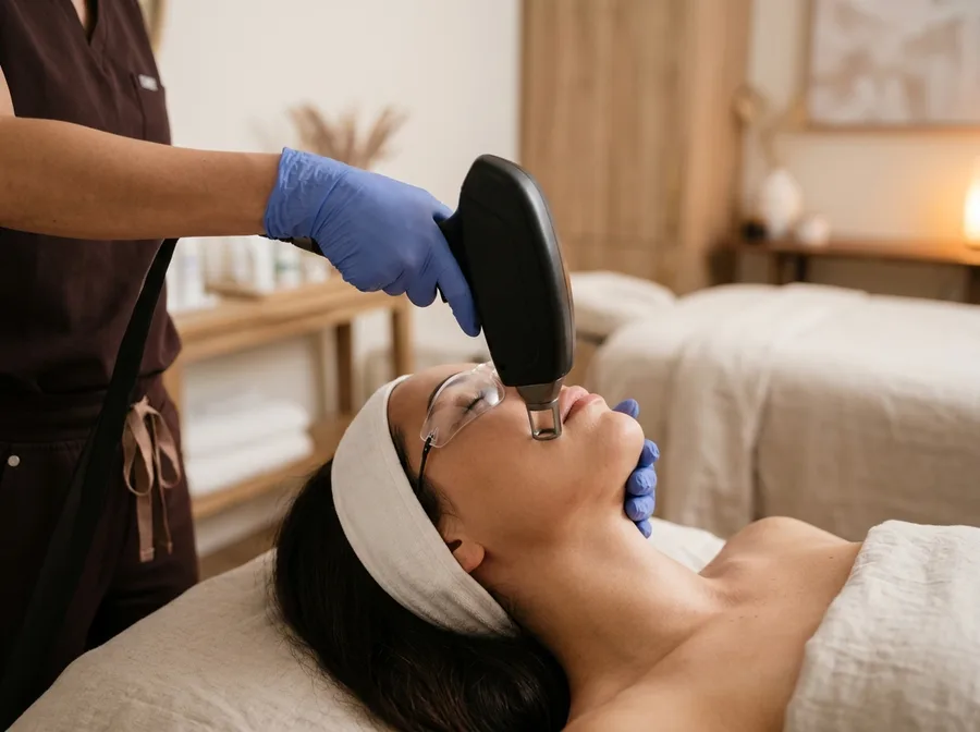 Laser handpiece held by a practitioner above a client